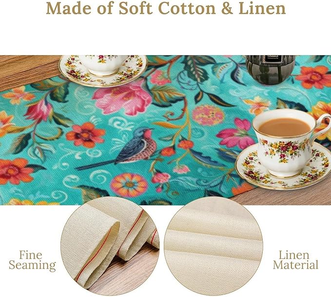 Flowers Birds Spring Table Runner, Colorful Birds Branches Blue Floral Seasonal Kitchen Dining Table Decoration for Home Party Decor 13x108 Inch