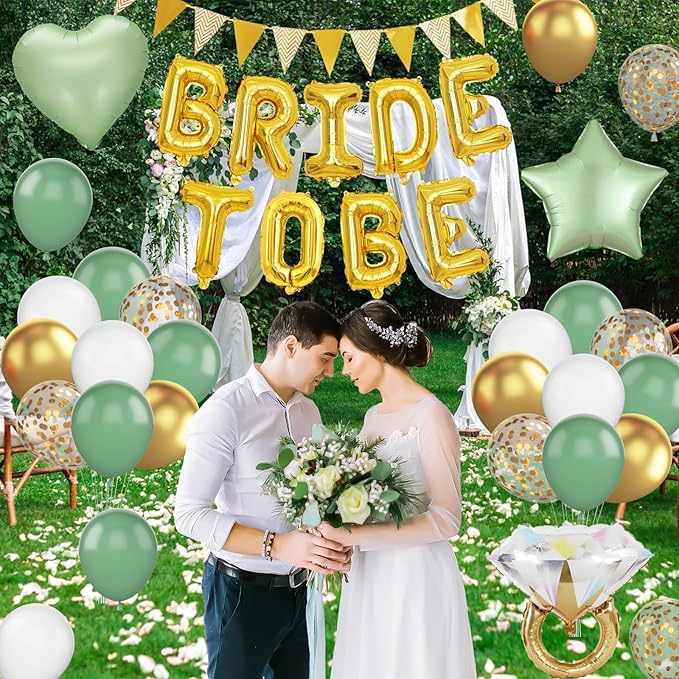 Bridal Shower Decorations Sage Green,Bachelorette Party Decor with Bride To Be Letter Balloons Banner, Diamond Ring Heart Foil Balloon,Green Gold Confetti Balloons for Engagement Wedding Party favors