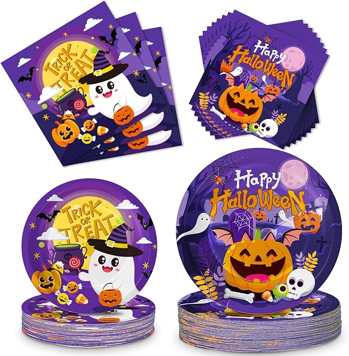 150 Pcs Halloween Plates and Napkins Sets - Cute Happy Halloween Party Supplies Tableware, Halloweens Disposable Paper Plates Napkins Set for Halloweens Birthday Party Decorations Favors, Serve 50