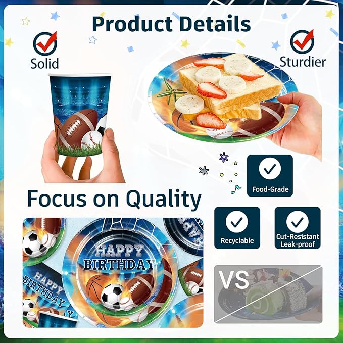 186Pcs Sports Birthday Party Decorations- Amp Up Your Sports Themed Party for 25 Guests. Includes Banner, Plates, Tablecloth, Cupcake Toppers and Aluminum Balloons for Boy Birthday Party Decorations