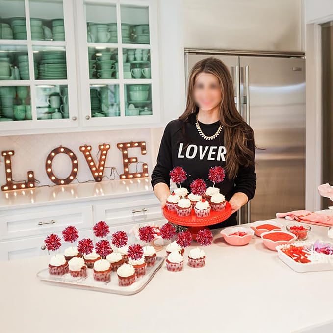 Ephlyn 30Pcs Foil Firework Cupcake Toppers Sparkle Tinsel Cupcake Picks Happy Birthday Cake Toppers Drink Stirrers Cocktail Food Fruit Toothpicks for Baby Shower Birthday Party Supplies Red