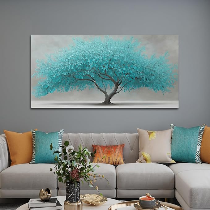 Tree of Life Wall Art for Living Room Bedroom Teal Blue Nature Print Picture Painting Large Framed Wall Decor for Bathroom Office Modern Home Botanical Landscape Wall Decorations Artwork Size 24x48 Ready to Hang