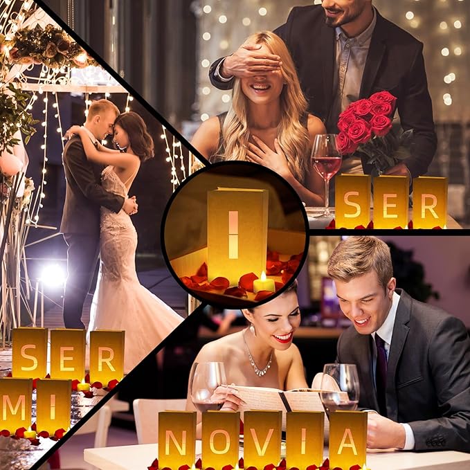 Quieres Ser Mi Novia Light Up Letters, Include Light up Letters, with Tea Lights Candles, Latex Balloons, Aluminum Balloons and Rose Petals, Anniversary and Valentines' Day Decorations for Women