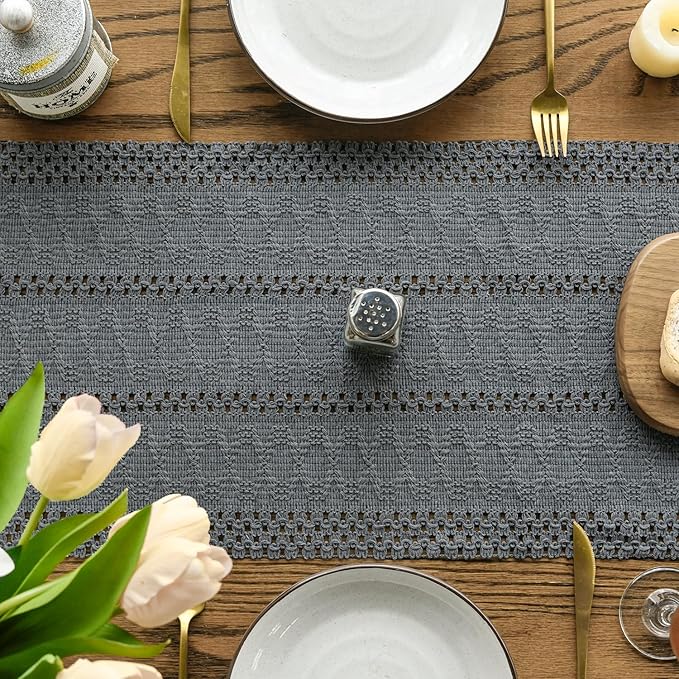 Artoid Mode Dark Grey Farmhouse Woven Rustic Hollow Table Runner, Seasonal Holiday Hollow Kitchen Dining Table Decoration for Home Party Decor 12x120 Inch