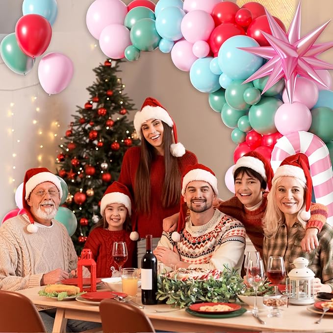 FunHot Pink Christmas Balloons Arch Kit, Xmas Pink Green Balloons Garland, Teal Blue Mint Green Latex Balloons Gingerbread Man Candy Cane Star Foil Balloon for New Year Christmas Party Decorations