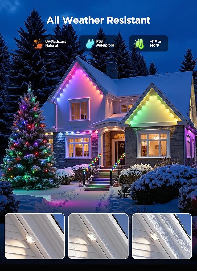 Permanent Outdoor Lights, 200FT with 128 Smart LED Lights, DIY Scene Mode, IP68 Waterproof Christmas Light for Daily and Accent Lighting, Outdoor Decor, House Roof, Holiday Decorations