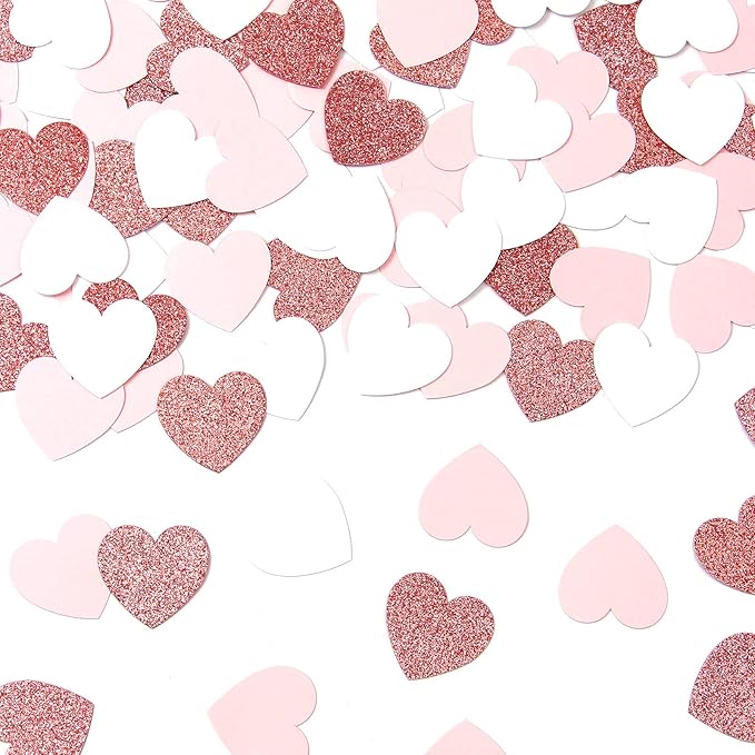 Rose-Gold Pink White Heart Confetti - 300pcs Valentines Mothers Day Engagement Wedding Baby Shower Bachelorette Birthday Party Table Decoration Glitter Paper Decor Lasting Surprise