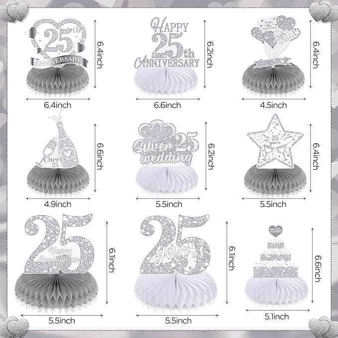 9Pcs 25th Wedding Anniversary Decorations 25th Silver Wedding Anniversary Honeycomb Centerpiece Silver Wedding Anniversary Table Toppers Honeycomb Decorations