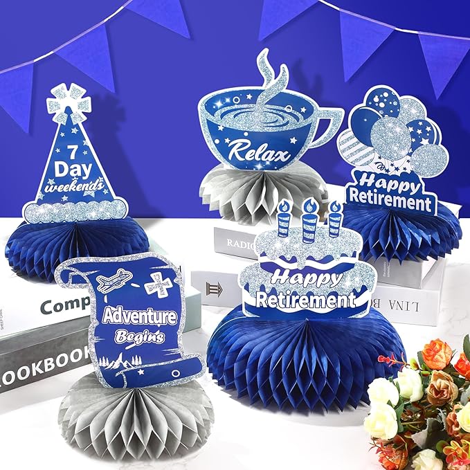 8Pcs Blue Retirement Decorations Navy Blue Silver Happy Retirement Table Honeycomb Centerpieces Farewell Table Topper Decor for Men Women Office Going Away Photo Booth Props Labor Day Party Supplies