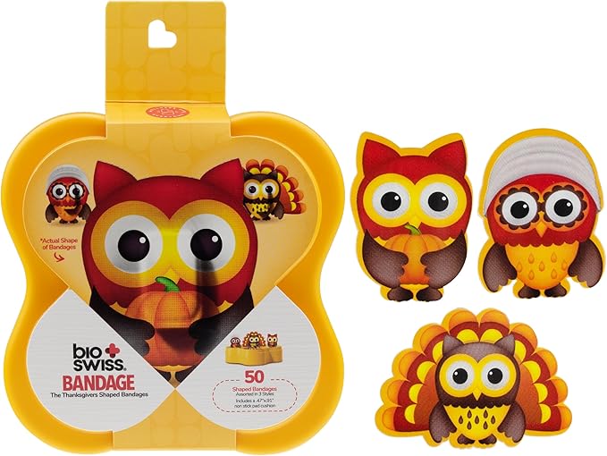 BioSwiss Kids Bandages, Thanksgiving Shaped Self Adhesive Bandage Set, Latex Free, Sterile Wound Care, 50 Count