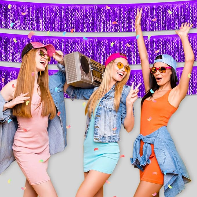 6 Pack 10 Feet Purple Wave Foil Fringe Garland Metallic Tinsel Streamers Banner Wall Hanging Curtain Backdrop for Parade Floats, Mother's Day, Easter, Wedding, Birthday Party Decoration