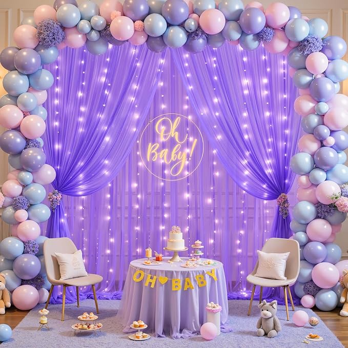 Purple Backdrop Curtains with Lights String for Wedding Birthday Party 10ft×10ft Sheer Tulle Backdrop Curtain for Bridal Shower Baby Shower Photo Shoot Background Wall Decorations 2 Panels 5×10ft