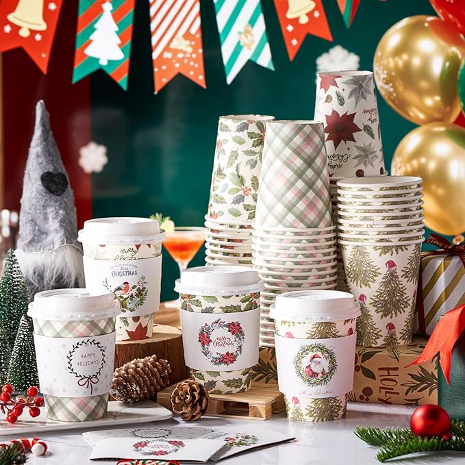Yungyan 100 Pack 12 oz Christmas Disposable Coffee Cups with Lids and Sleeves Insulated Paper Coffee Cups with Dome Lids and Sleeves for Christmas Hot Chocolate Party Supplies(Greenery)