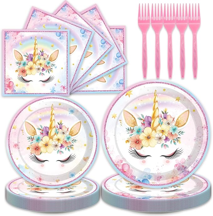 96Pcs Unicorn Birthday Party Decorations Tableware Set Unicorn Wonderland Party Disposable Plates Napkins Forks Serves 24 Rainbow Unicorn Baby Shower Bridal Girls Birthday Party Supplies