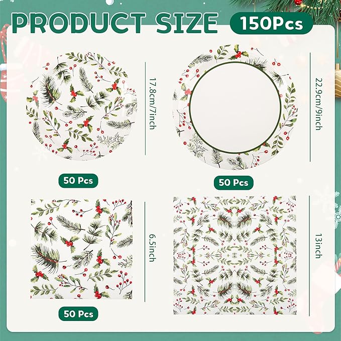 150Pcs Christmas Plates and Napkins Set Christmas Paper Plates Merry Holly Berries Disposable Holiday Paper Plate Dinnerware for Xmas Holiday Winter Party,Serves 50
