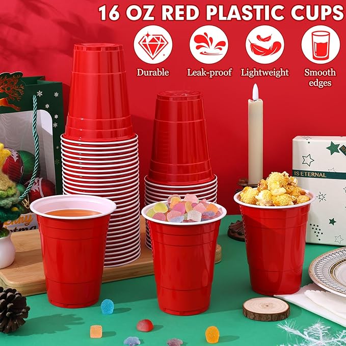 Dualshine 100 Pack Red Plastic Cups 16 oz, Disposable Cups for Party, Heavy Duty Drinking Cup, Graduation Shot Cup for Wedding Birthday Beer Taste Serving Snack Sample Tastings Barbecues and Christmas