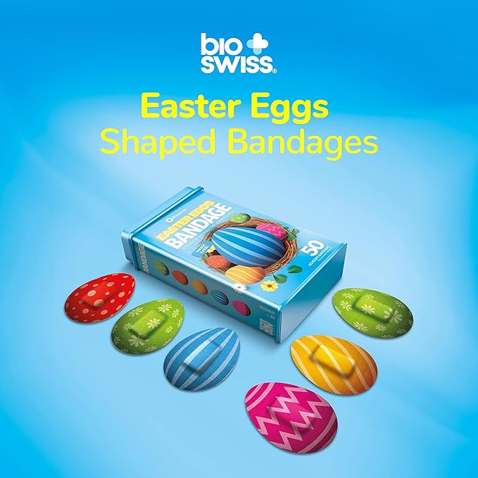 BioSwiss Kids Bandages, Easter Egg Shaped Self Adhesive Bandage Set, Latex Free, Sterile Wound Care, 50 Count