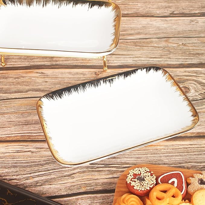 Three-Tier Ceramic Plate Rack - A Foldable Gold-Rimmed Plate Rack with Three 10.6-inch Gold-Rimmed Plates for displaying Food, Fruit, Desserts, and Serving Guests.