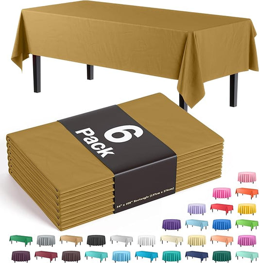 Party Solids 6-Pack Premium Plastic Tablecloth 54in. x 108in. Rectangle Plastic Table Cover - Gold