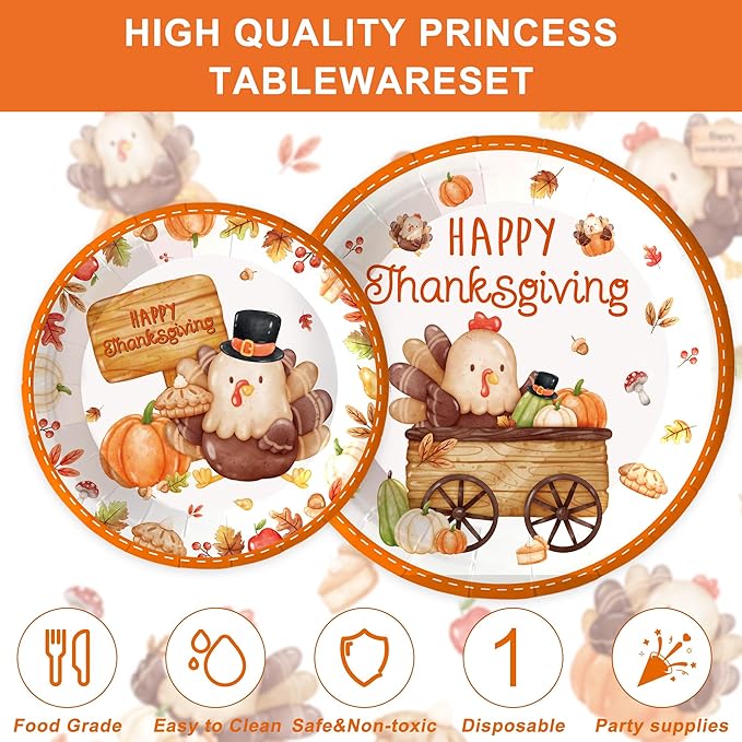 123PCS Turkey Party Supplies for Thanksgiving Themed Fall Pumpkin Decoration Tableware Set for Kids Party with Tablecloth and Banner Leaves Harvest Dessert Plates Napkins Cups Hanging Swirl Set