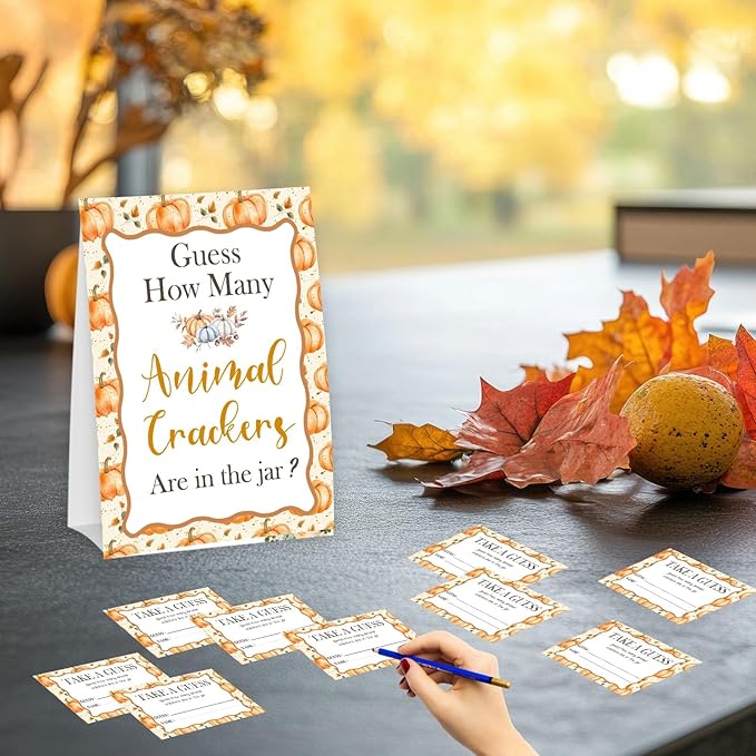Little Pumpkin Guess How Many Animal Crackers - Thanksgiving Baby Shower Card Set (1 Sign With 50 Guess Cards), Fall Gender Reveal Party Favor Supplies -A23