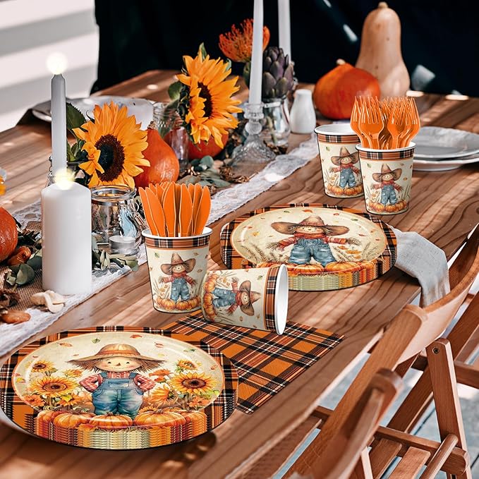 144Pcs Fall Thanksgiving Party Supplies Pumpkin Scarecrow Paper Plates and Napkins Orange Plaid Party Disposable Tableware for Birthday Decorations Serves 24
