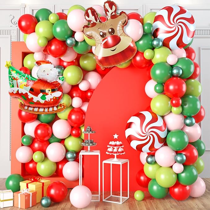 Christmas Balloon Arch Kit, Red Pink Green Christmas Balloon Garland Kit for Xmas Party Decorations, Xmas Balloon Arch Garland with Elk, Santa Claus, Windmill Foil Balloons