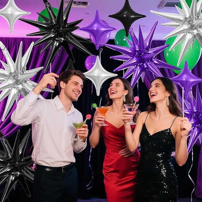 Black Purple Silver Star Balloon,6Pcs 22Inch Explosion Star Balloons and 10Pcs 10Inch Four Angle Balloons Kit for Halloween Birthday Anniversary Graduation Baby Shower Wedding Party Decorations