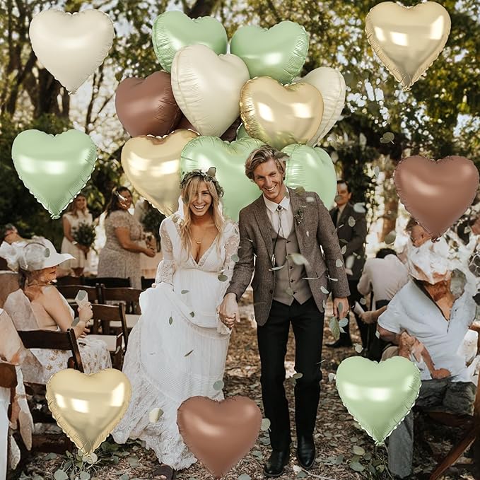 Green Gold Brown Heart Balloons, 12Pcs Retro Green Pastel Gold Beige Coffee Heart Shape Foil Balloons Olive Neutral Tan Cream Balloon for Boho Woodland Birthday Camo Army Hunting Baby Shower