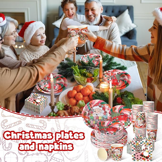 Hsei 250 Pcs Groovy Christmas Plates and Napkins Party decorations Disposable Tableware Sets Baby Shower Birthday Party Supplies Serves 50 Guests Dinnerware Bridal Baby Shower Party Favors
