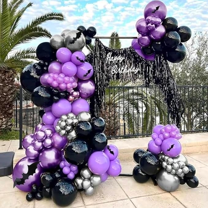 50pcs Purple & Black Balloons - 12in Metallic Silver, Black with Ribbons & Confetti for Halloween, Birthdays, Anniversaries & Graduations