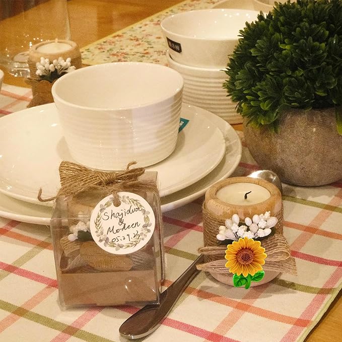 24 Pack Sunflower Wood Tealight Handmade Candle Holders - Wedding, Baby Shower, Baptism Favors & Centerpieces, Cylinder Candles Decorations