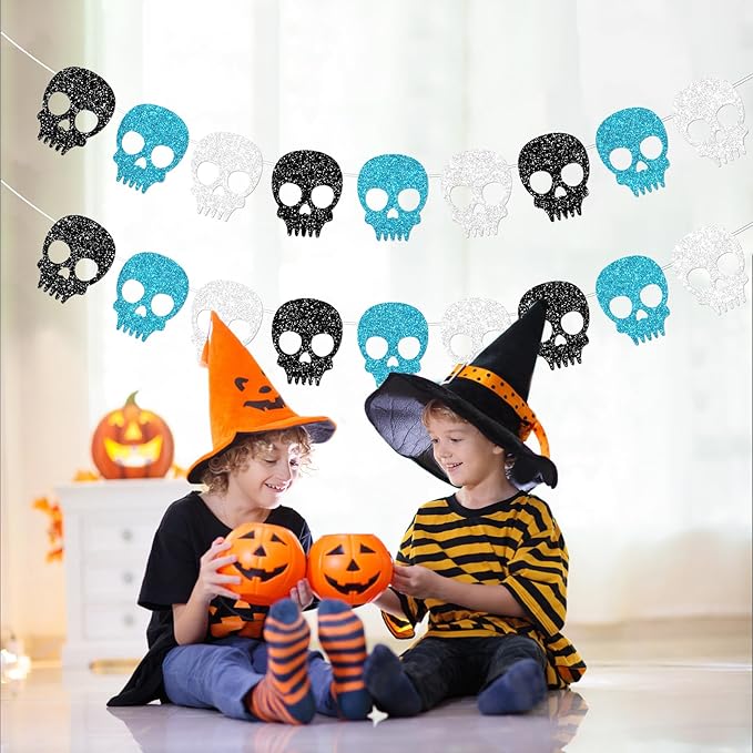 2PC Black/Silver/Blue Skull Garland for Halloween Party Decorations Glitter Skull Banner for Boy/Men Gothic Birthday Decorations Supplies