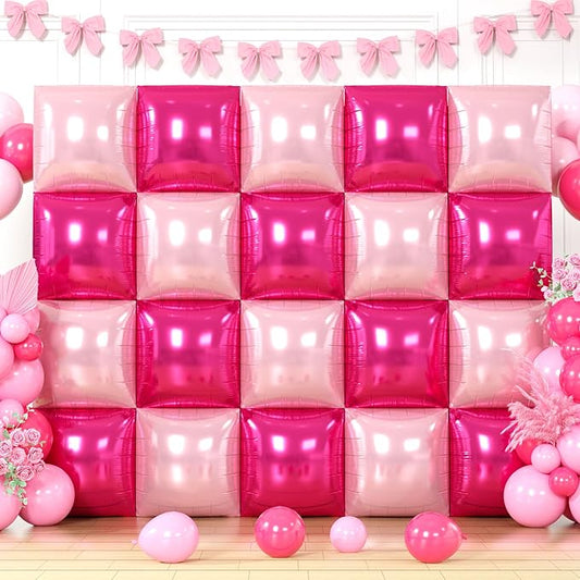 Hot Pink Square Balloons Wall, 10 PCS Magenta Foil Balloons Wall Double Sided Pink Balloon Wall Backdrop for Girls Bachelorette Birthday Bridal Shower Princess Party Decorations