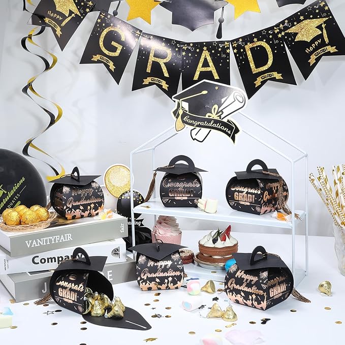 COTOPHER 36 Pcs Graduation Cap Gift Boxes with Tassel, Class of 2025 Graduation Candy Boxes Centerpieces for Tables Party Decorations, Mini Treat Chocolate Box Graduate Favors Supplies