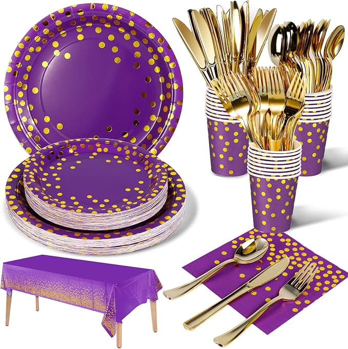 141 Pieces Purple Gold Party Supplies, Disposable Party Decorations Sets Include Paper Plates Napkins Cups, Plastic Forks Knives Spoons, for Baby Shower Birthday Wedding -20 Guests