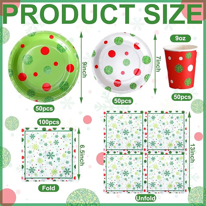 Hsei 250 Pcs Christmas Green Plates and Napkins Party Decorations Disposable Tableware Sets Baby Shower Birthday Party Supplies Serves 50 Guests Dinnerware Baby Bridal Shower Favors