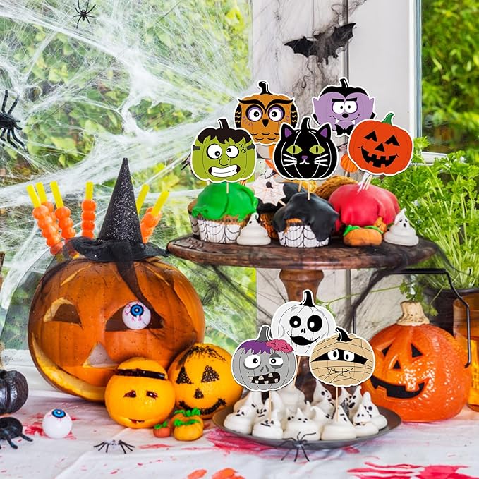 24 PCS Halloween Happy Birthday Cupcake Toppers Halloween Party Decorations Cake Decor Cupcake Decorations Cake Decorating Party Supplies Decor for Baby Shower Boys Girls