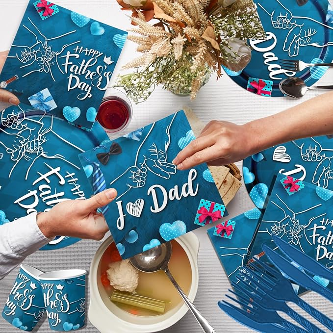 Happy Father's Day Tableware Set - 142pcs with Plates, Napkins, Tablecloth, Cups & Supplies for 'I Love Dad' Party Decoration