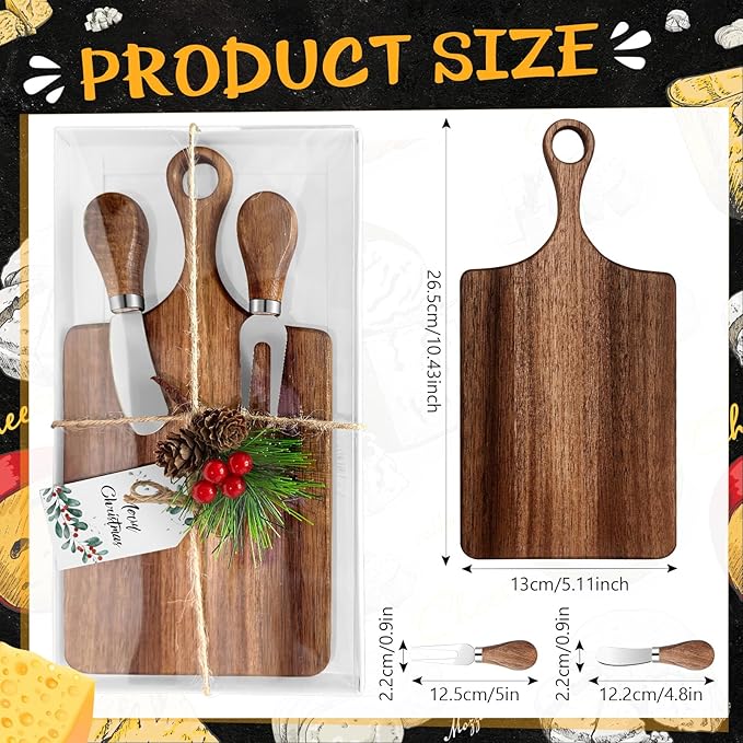 3 Pcs Christmas Gifts Bridal Shower Favor Acacia Wooden Square Cheese Board Gift Set With Knives, Mini Cutting Board Bulk Set, Tags and Boxes for Party Birthday