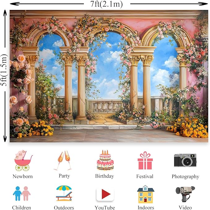 Palace Backdrop Vintage Interior Wall Backdrop Rose Floral Background Palace Hall Backdrops for Prom Birthday Bridal Shower Portrait Engagement Background Studio YUNBDJ1852