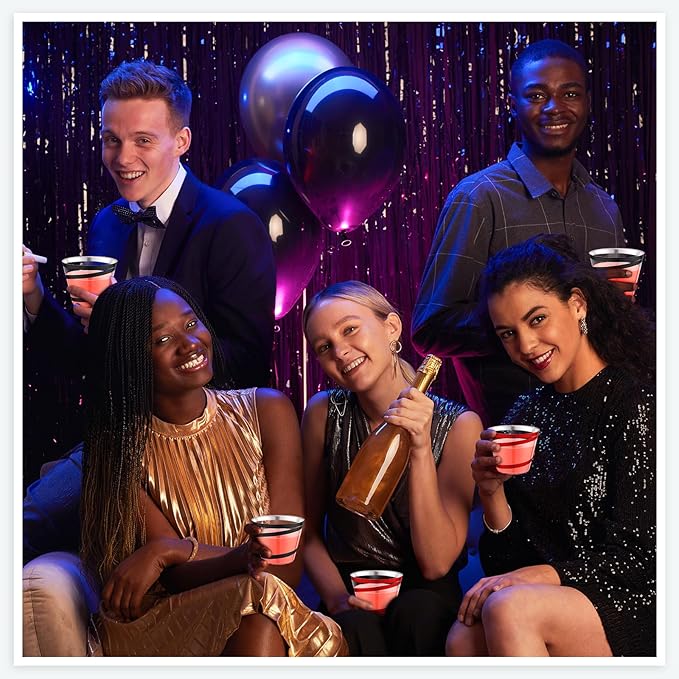 Gejoy 9 oz Rimmed Swirl Plastic Cups Disposable Wine Drinking Cups Clear Elegant Halloween Tumblers for Christmas Party Supplies(Red, Black,100 Pcs)