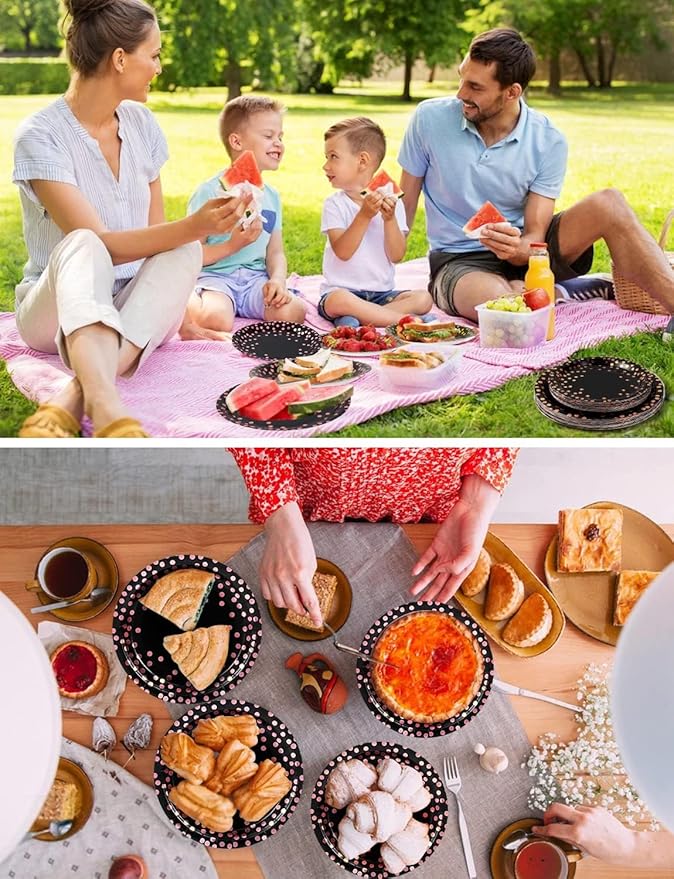 141 Pieces Black and Rose Gold Party Supplies, Disposable Party Decorations Sets Include Paper Plates Napkins Cups, Plastic Forks Knives Spoons, for Baby Shower Birthday Wedding -20 Guests