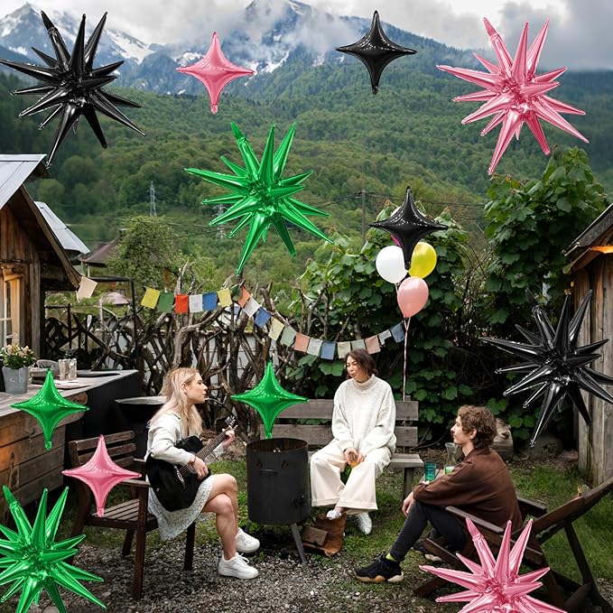 Black Green Pink Star Balloon,Pink Green 6Pcs 22Inch Explosion Star Balloons and 10Pcs 10Inch Four Angle Balloons Kit for Birthday Halloween Anniversary Baby Shower Wedding Party Decorations