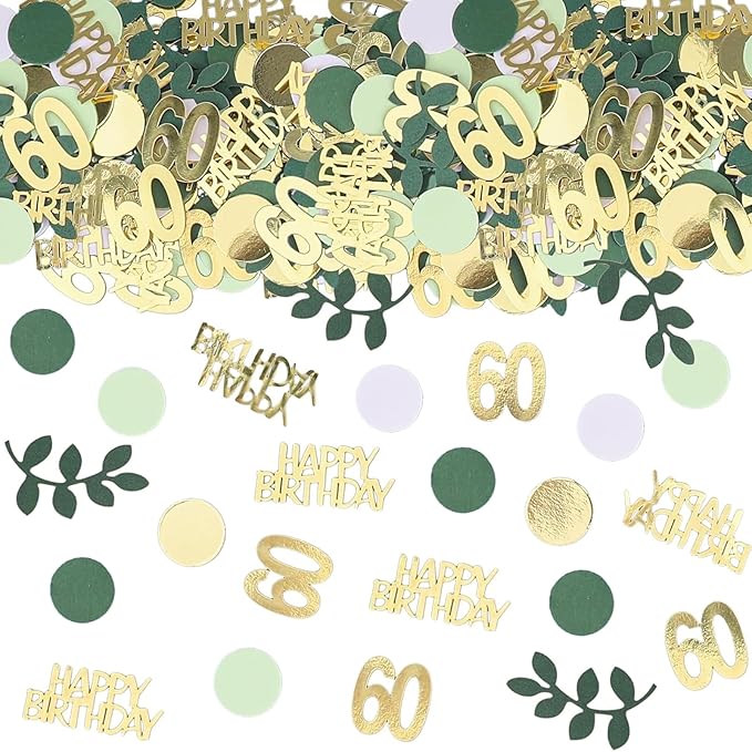 Sage Green 60th Happy Birthday Confetti, 60th Birthday Table Decorations Scatter Green Gold Foil Cake Confetti Decorations for 60 Bday Woman Men Party Decor 230 Pcs