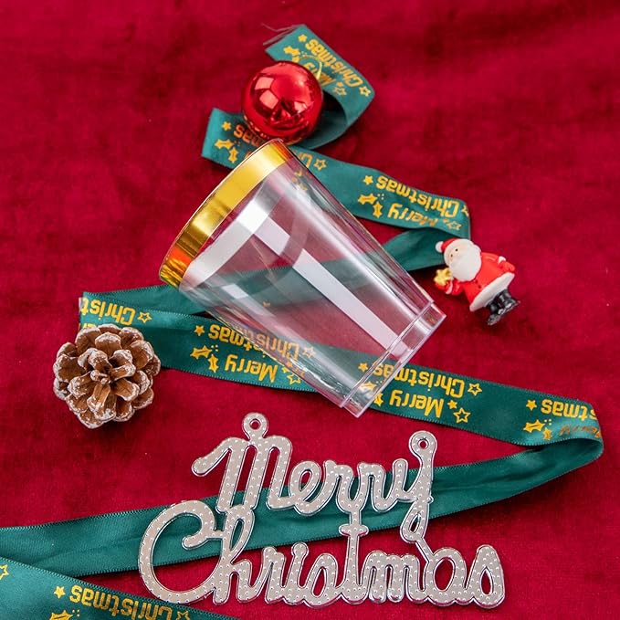 Supernal Christmas Plastic Plates, Gold Plastic Cutlery – 180pcs Elegant Disposable Dinnerware with White-Gold Knives/Forks/Spoons, GoldRim Clear Tumblers, Premium Christmas Tableware for 30 Guests