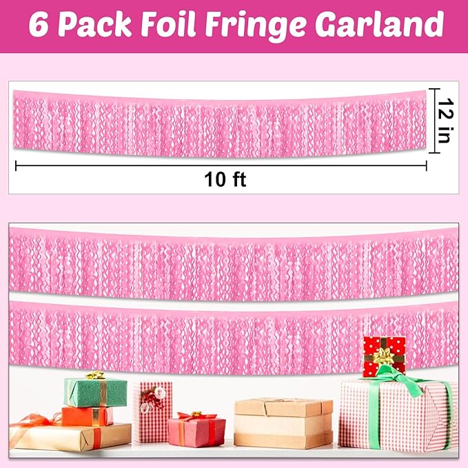 6 Pack 10 Feet Macaron Pink Wave Foil Fringe Garland Metallic Tinsel Streamers Banner Wall Hanging Curtain Backdrop for Parade Floats, Mother's Day, Easter, Wedding, Birthday Party Decoration