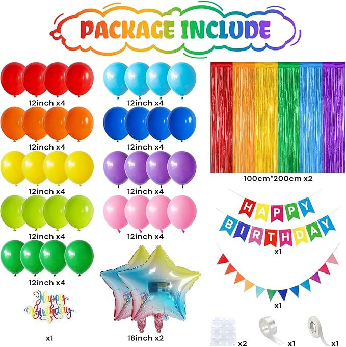 Rainbow Birthday Decorations for Kids, Colorful Party Decor Assorted Color Latex Foil Balloons Fringe Backdrop Happy Birthday Banner Cake Toppers for Boys Girls Carnival Circus Party Supplies