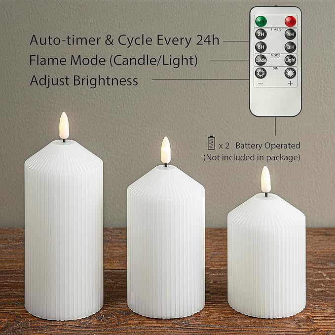 Flameless Candles with Remote, 3 Pack Battery Operated Candles Flickering Real Wax LED Fake Pillar Candles with Timer for Wedding Home Party, White