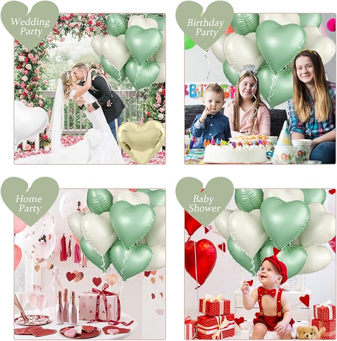 Sage Green White Heart Balloons, 10PCS Green Beige Foil Heart Balloons, 18inch Olive Green Cream White Heart Shape Balloons for Neutral Jungle Birthday Baby Shower Valentines Wedding Party Decorations